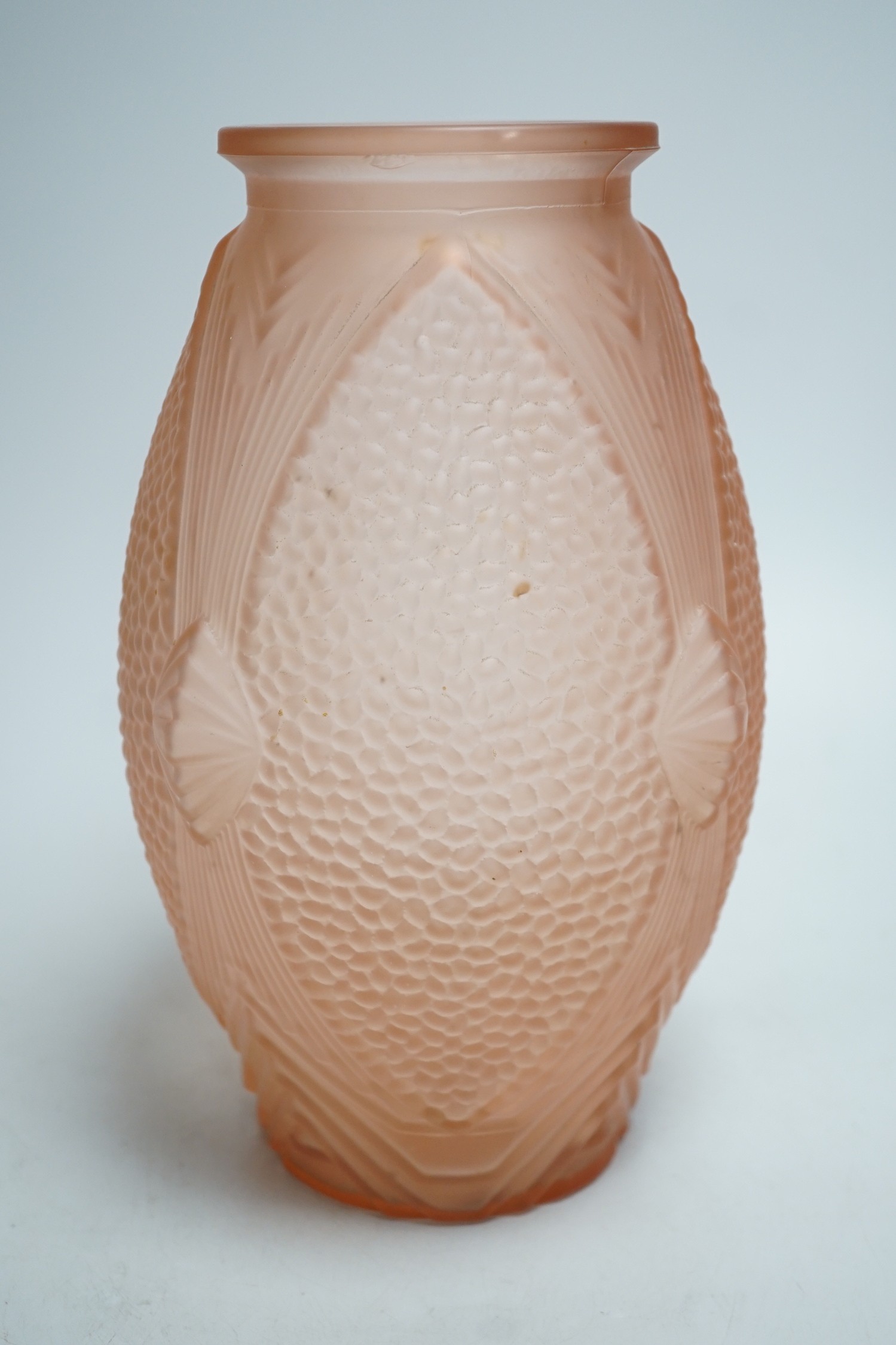 An Art Deco frosted pink vase. 29cm tall